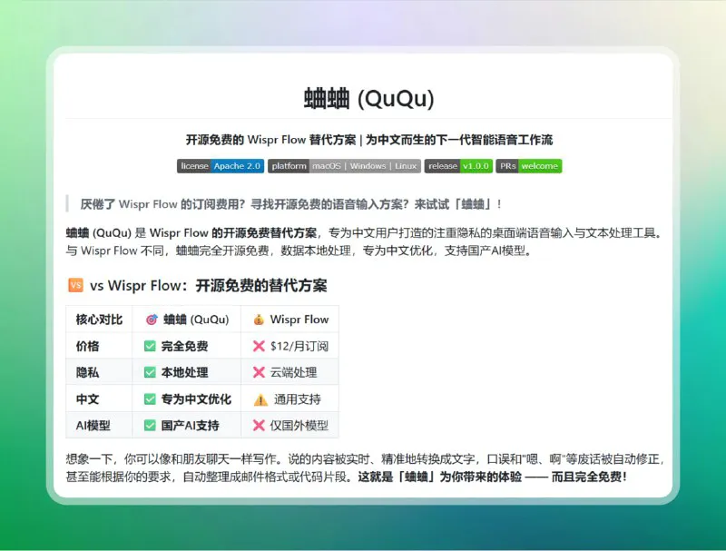 蛐蛐 - 中文桌面语音输入助手：实时转文字，智能优化，提升效率！